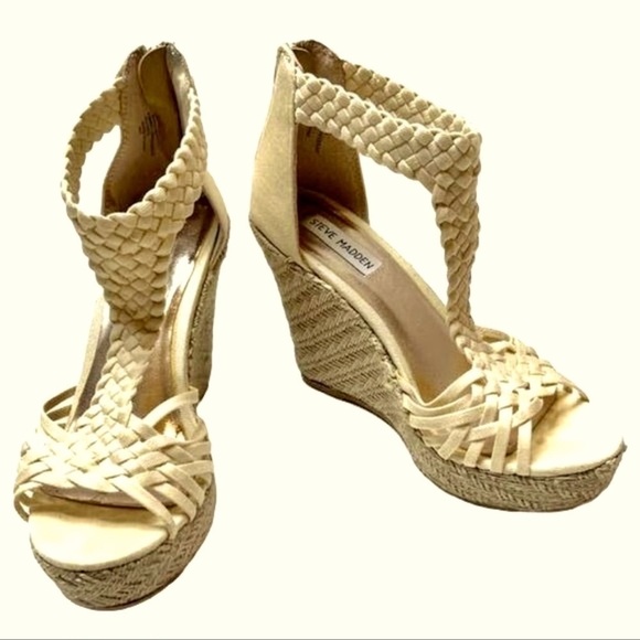 STEVE MADDEN RISE Beige cream T-trap woven Espadrille WEDGE SANDAL women size 6 - Picture 2 of 7
